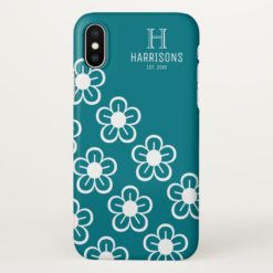 Cute Floral Turquoise Personalized Family Name iPhone X Case