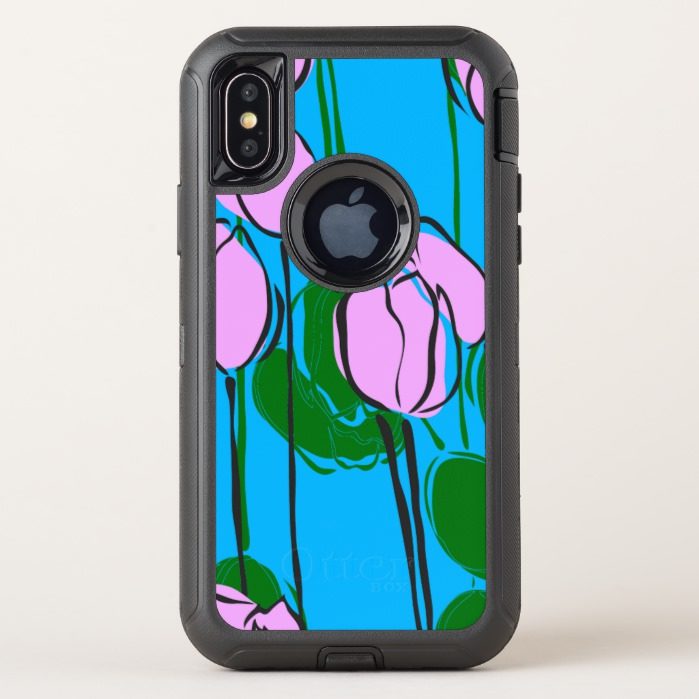 Cute Hand Drawn Pink Tulips on Sky Blue OtterBox Defender iPhone X Case
