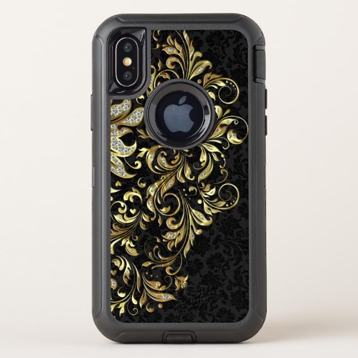 Elegant Black Gold & White Glitter Floral Lace OtterBox Defender iPhone X Case