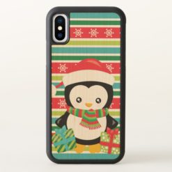 Gift Penguin on striped snowflake background iPhone X Case