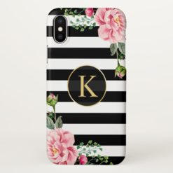 Girly Floral Monogram Black White Striped iPhone X Case