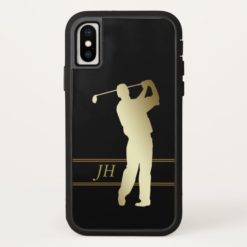 Gold Silhouette Golfer Monogram iPhone X Case