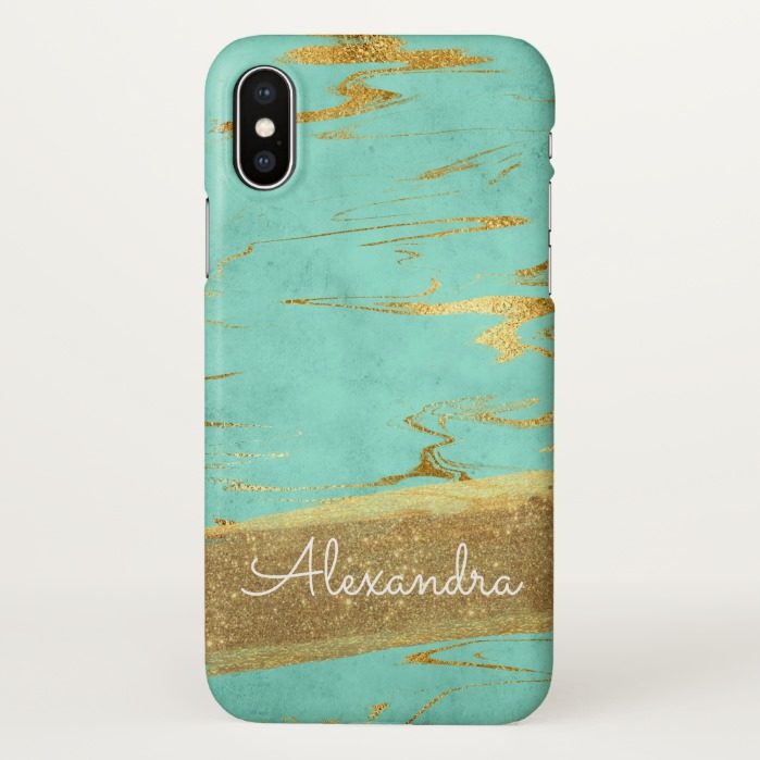 Gold and Teal Marble with Gold Foil and Glitter iPhone X Case