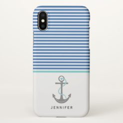 Gray anchor and blue white stripes aqua nautical iPhone x Case