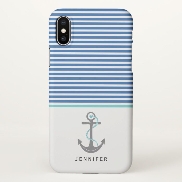 Gray anchor and blue white stripes aqua nautical iPhone x Case