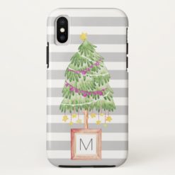 Gray stripe Christmas Tree monogram iPhone X Case