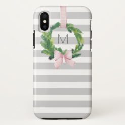 Gray stripe Christmas wreath monogram iPhone X Case