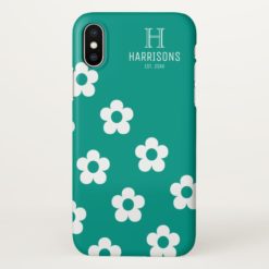 Green Blue Teal Floral Personalized Family Name iPhone X Case