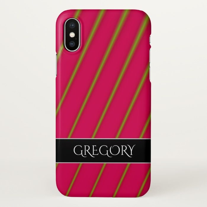 Green Lines on Crimson Pattern + Custom Name iPhone X Case