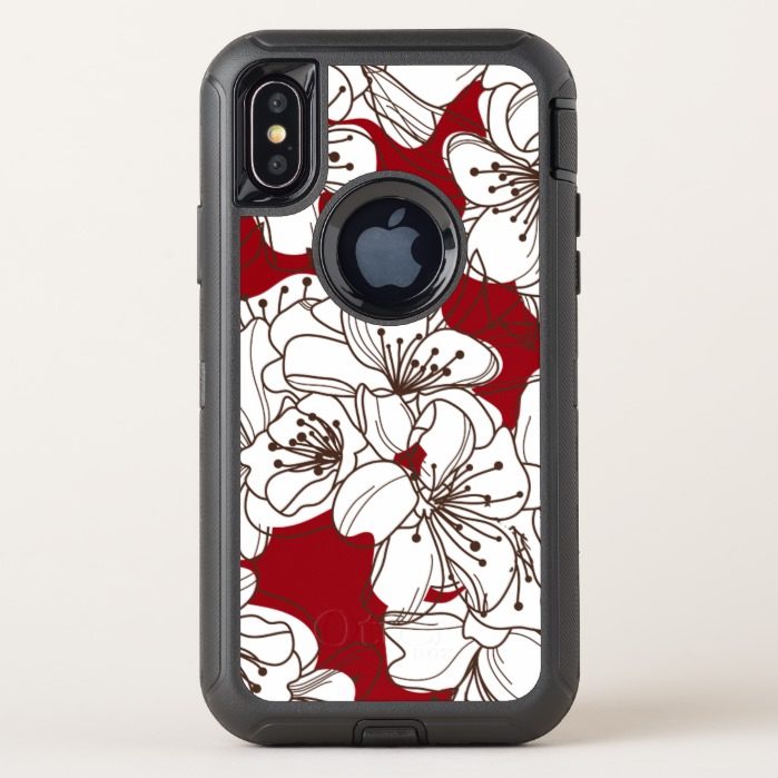 Hand Drawn White Wild Flowers on Red OtterBox Defender iPhone X Case