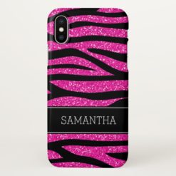 Hot Pink Faux Glitter Zebra Personalized iPhone X Case