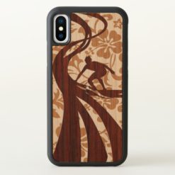 Koa Wood Surfer Faux Wood Surfboard on Real Wood iPhone X Case