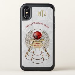 Monogram Red Merry Christmas Angel Gold Filigree Speck iPhone X Case