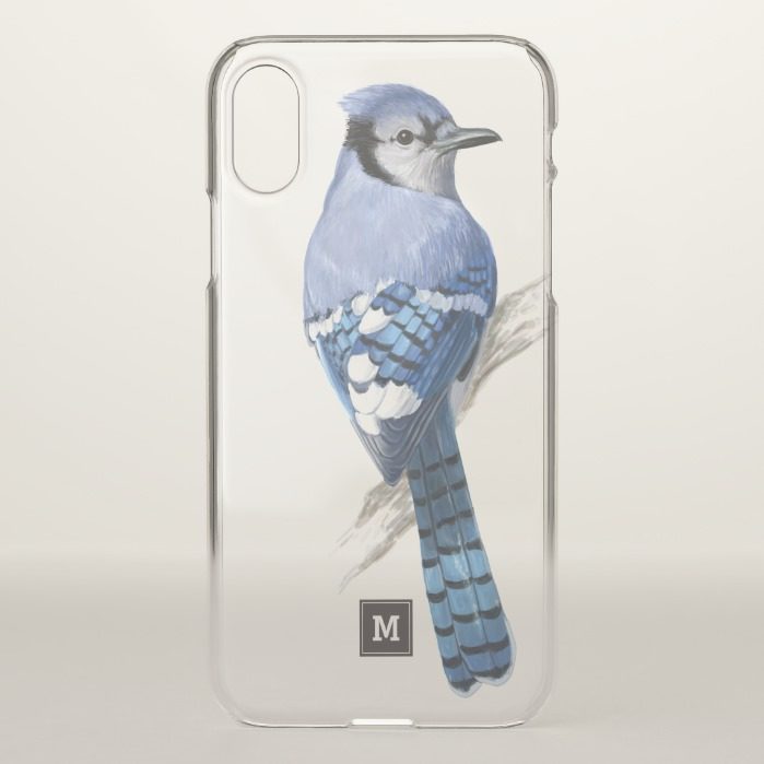 Monogram. Beautiful Blue Jay. Bird Illustration. iPhone X Case