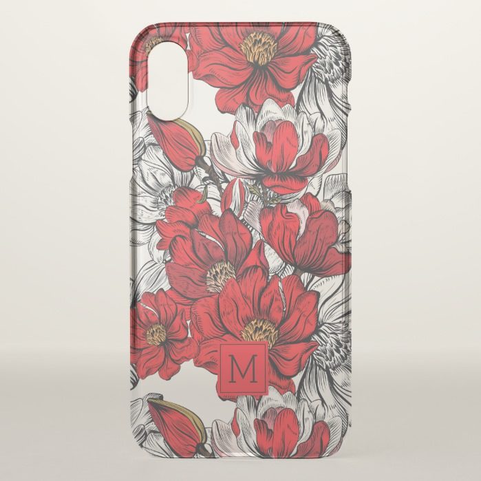 Monogram. Dramatic Red and White Floral Pattern. iPhone X Case