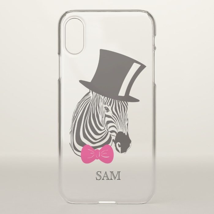 Monogram. Hipster Zebra with Fancy Tall Hat. iPhone X Case