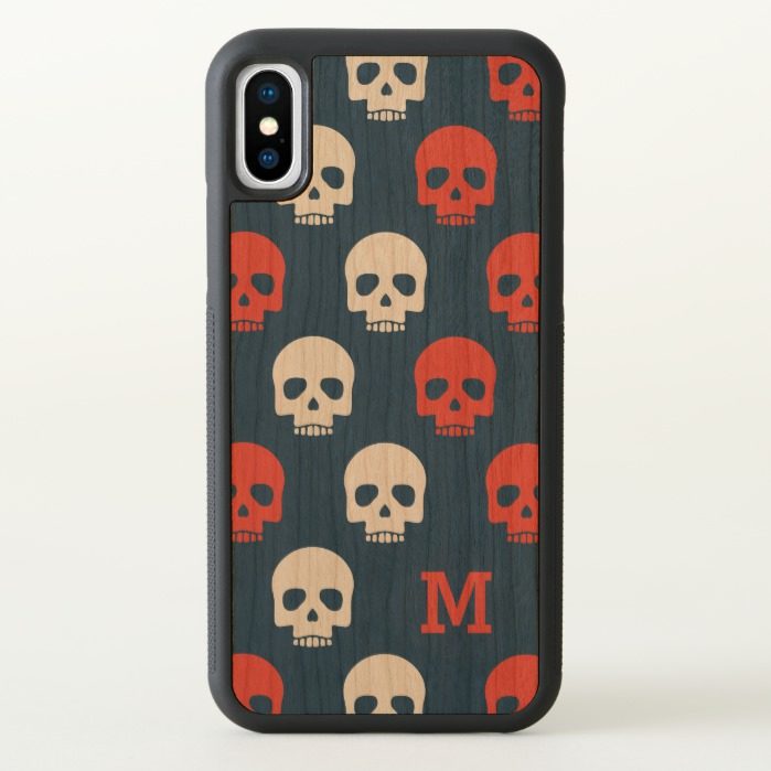 Monogram. Modern Red and White Skulls. iPhone X Case