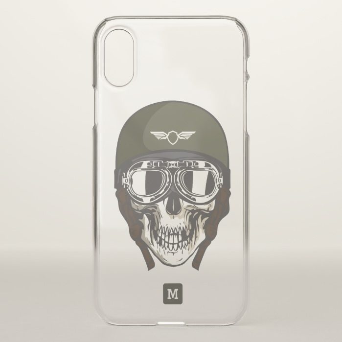 Monogram. Modern Skull with Green Military Helmet. iPhone X Case