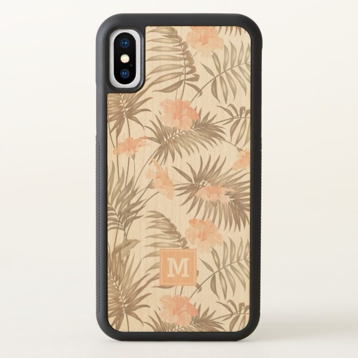 Monogram. Peach Tropical Hibiscus Floral Pattern. iPhone X Case