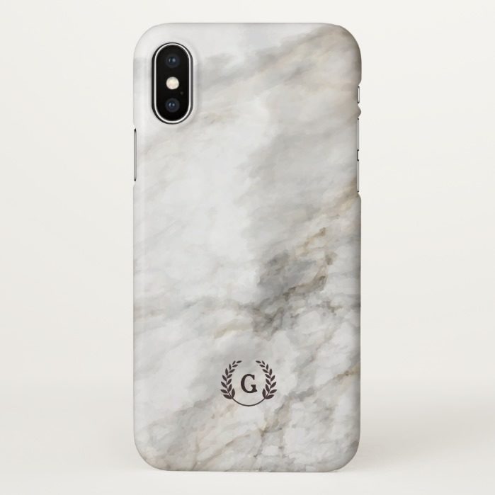 Monogram. Wheat Laurel on White Marble. iPhone X Case