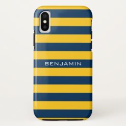 Navy Blue and Yellow Rugby Stripes Custom Name iPhone X Case