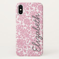 Pink Damask Pattern with Gray Name iPhone X Case