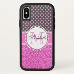 Pink Glitter and Pink Polka Dots on gray Named iPhone X Case