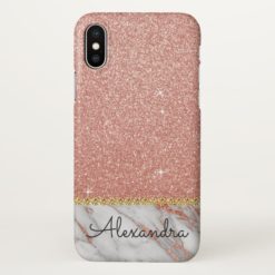 Pink Rose Gold Glitter and Sparkle Monogram Marble iPhone X Case