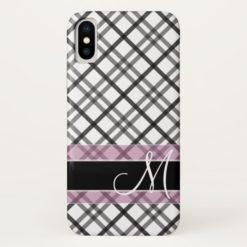 Plaid Pattern with Monogram - black white pink iPhone X Case