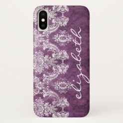 Plum Vintage Damask Pattern and Name iPhone X Case