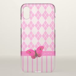 Pretty Pink Argyle and Stripes Butterfly Girly iPhone X Case