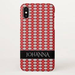 Red and Gray Diamond Shape Pattern + Custom Name iPhone X Case