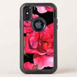 Red and Pink Soft Watercolor Roses on Black OtterBox Defender iPhone X Case