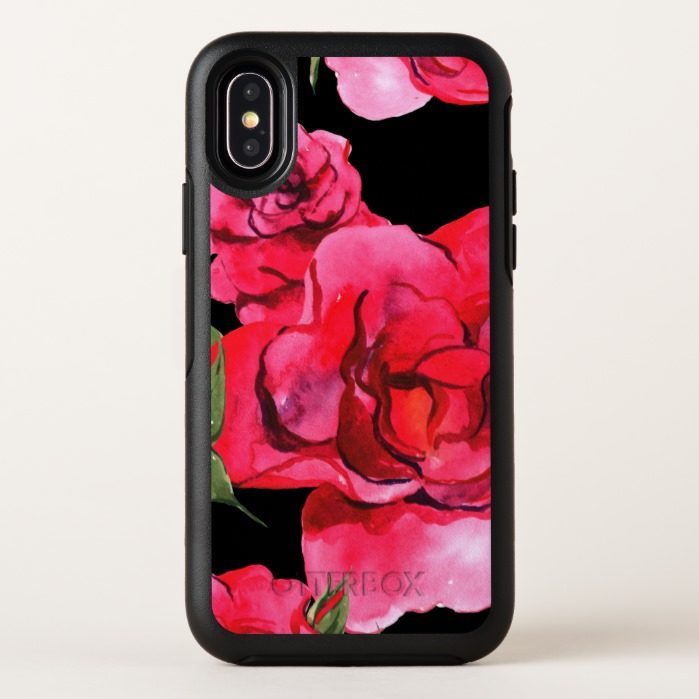 Red and Pink Soft Watercolor Roses on Black OtterBox Symmetry iPhone X Case