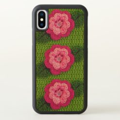 Rosy Pink Floral Green Crochet Print Wood Bumper iPhone X Case