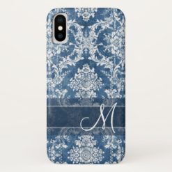Sapphire Grunge Damask Pattern with Monogram iPhone X Case
