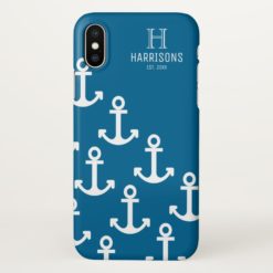Sea Blue Nautical Anchors Personalized Family Name iPhone X Case