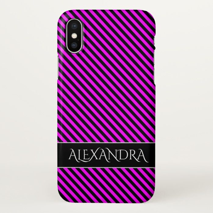 Simple Fuchsia & Black Stripes Pattern + Name iPhone X Case
