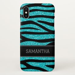Teal Blue Faux Glitter Zebra Personalized iPhone X Case