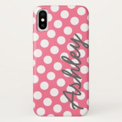 Trendy Polka Dot Pattern with name - pink gray iPhone X Case