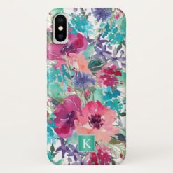 Trendy Watercolor Floral Pattern with Monogram iPhone X Case