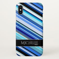 Various Shades of Blue Stripes + Custom Name iPhone X Case