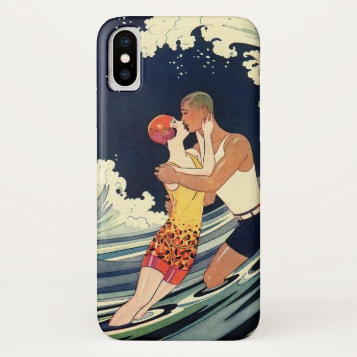 Vintage Art Deco Lovers Kiss in the Waves at Beach iPhone X Case