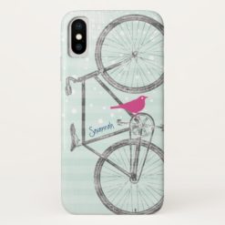 Vintage Bird Mint Green Bike Pattern iPhone X Case