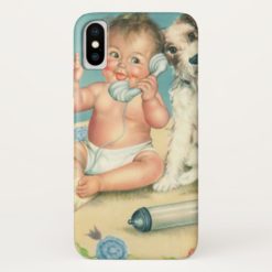 Vintage Cute Baby Talking on Phone Puppy Dog iPhone X Case