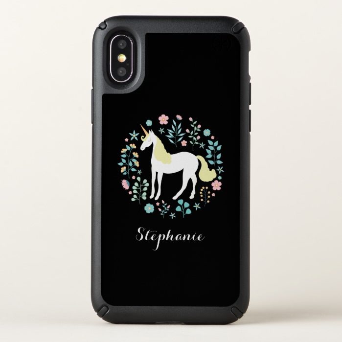 Whimsical Unicorn & Flowers Black Speck iPhone X Case
