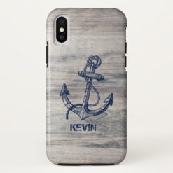 White Rustic Wood With Blue Nautical Boat Anchor iPhone X Case