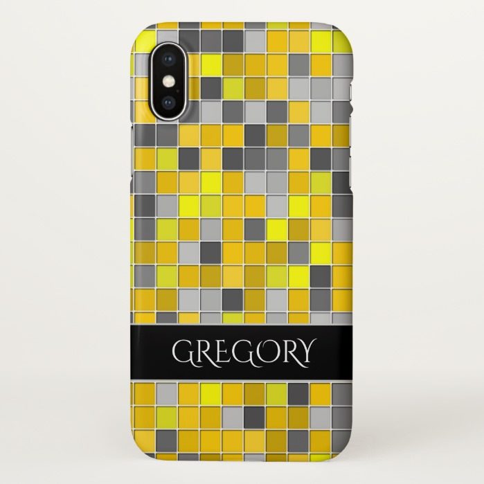 Yellows and Grays Tiled Squares Pattern + Name iPhone X Case